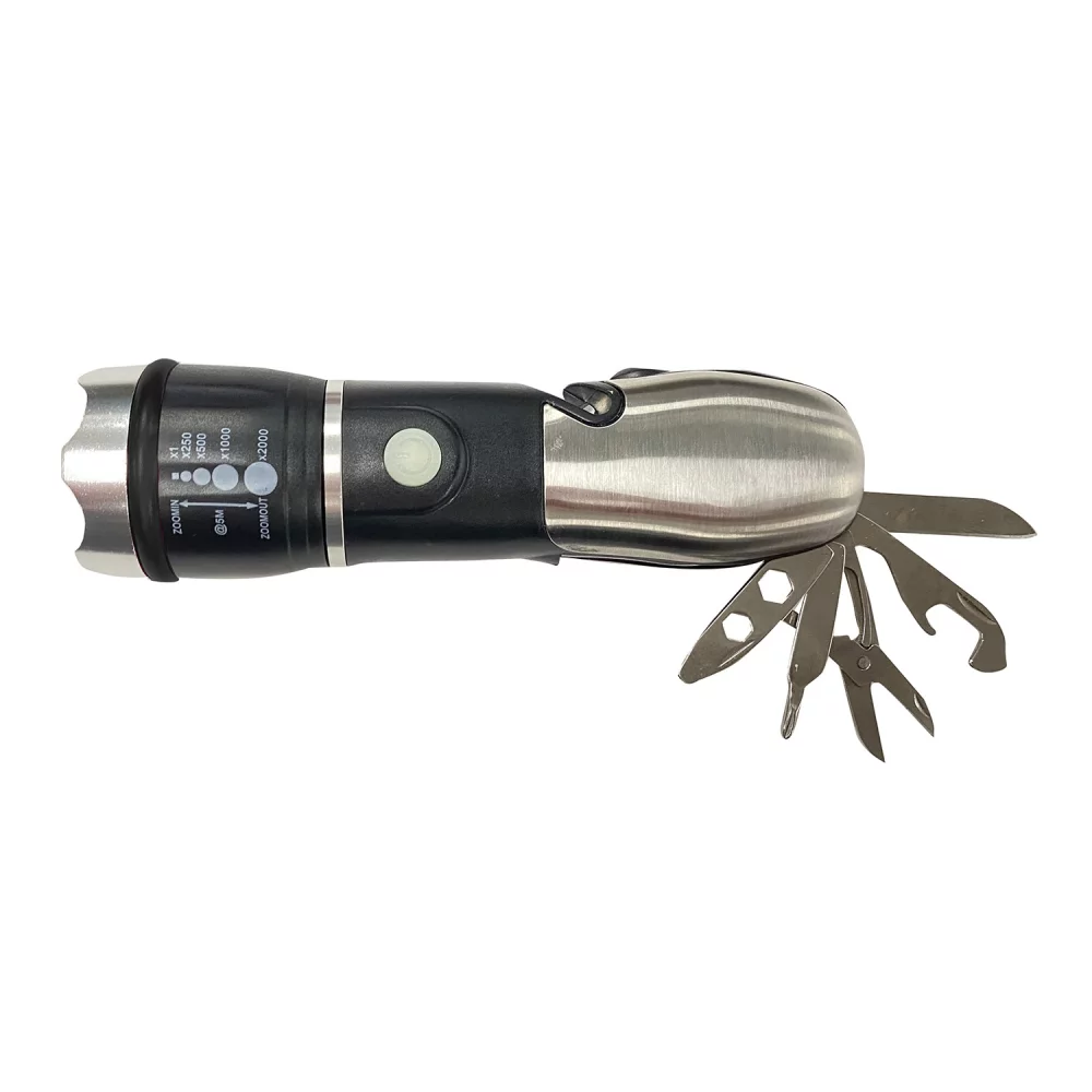 Lampe de poche à 4 LED avec outil multifonction et marteau de sécurité