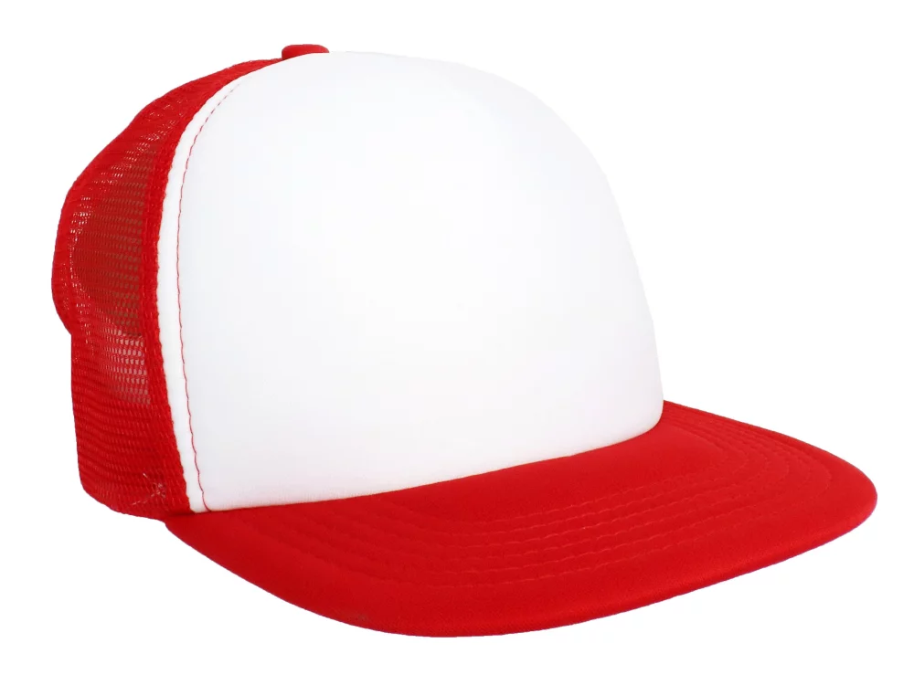 Casquette de camionneur en maille de mousse de poly blanc à 5 panneaux avec visière plate (bicolore)