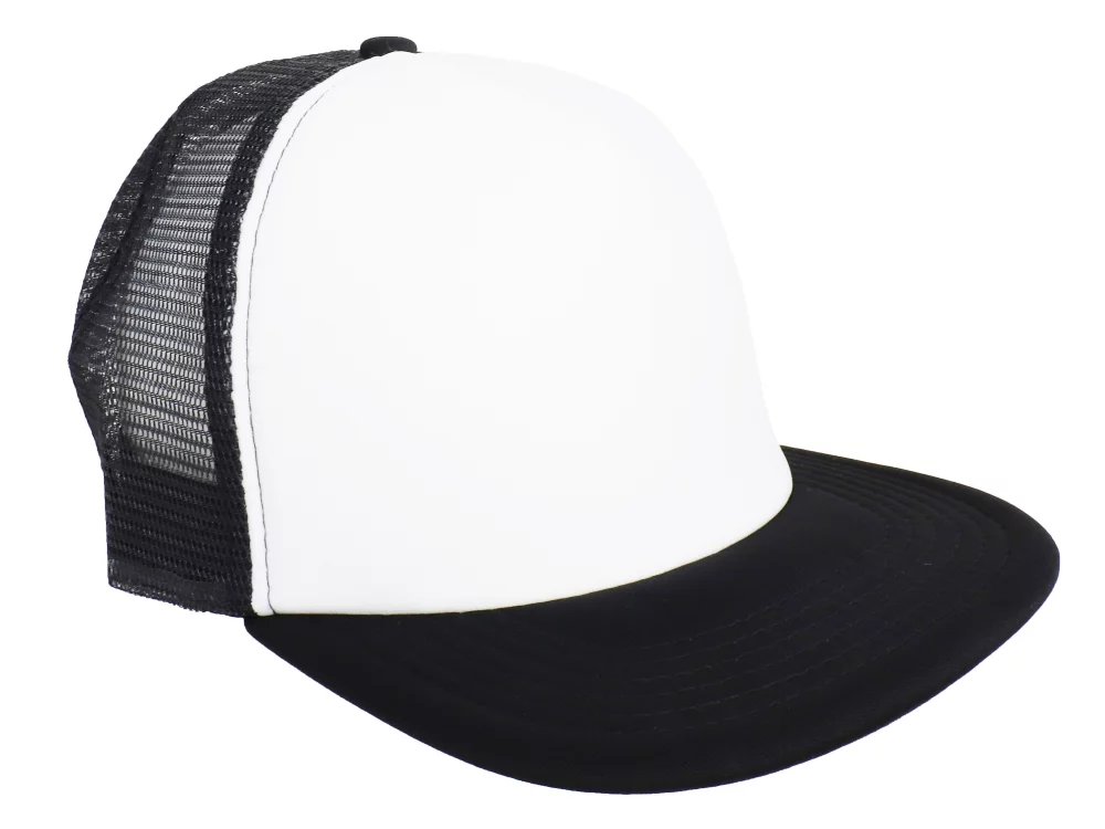White 5-Panel Poly Foam Mesh Trucker Cap w/Flat Bill (2-Tone)