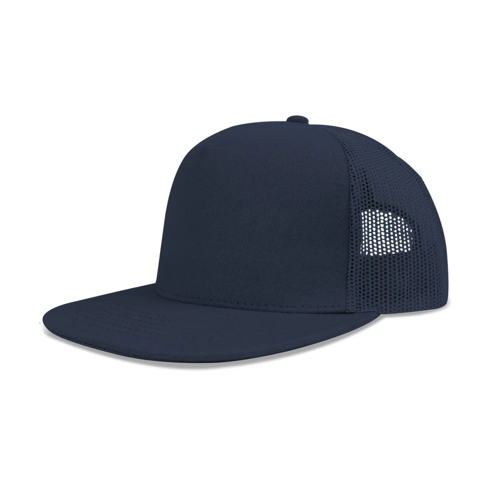 Casquette à pic plat en coton twill de luxe à 5 panneaux avec dos en maille.