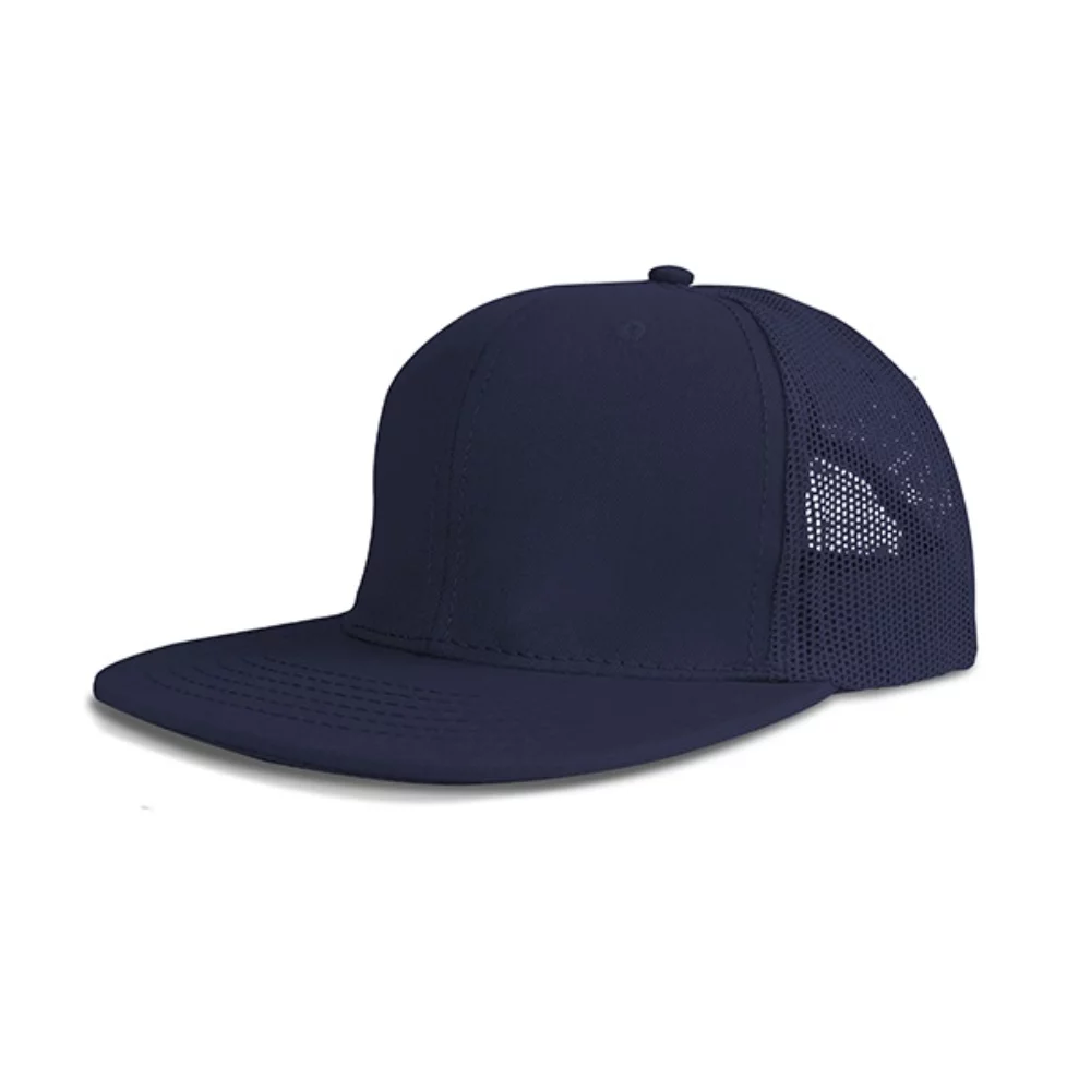 Casquette en coton twill à 6 panneaux de luxe avec visière plate et dos en maille.