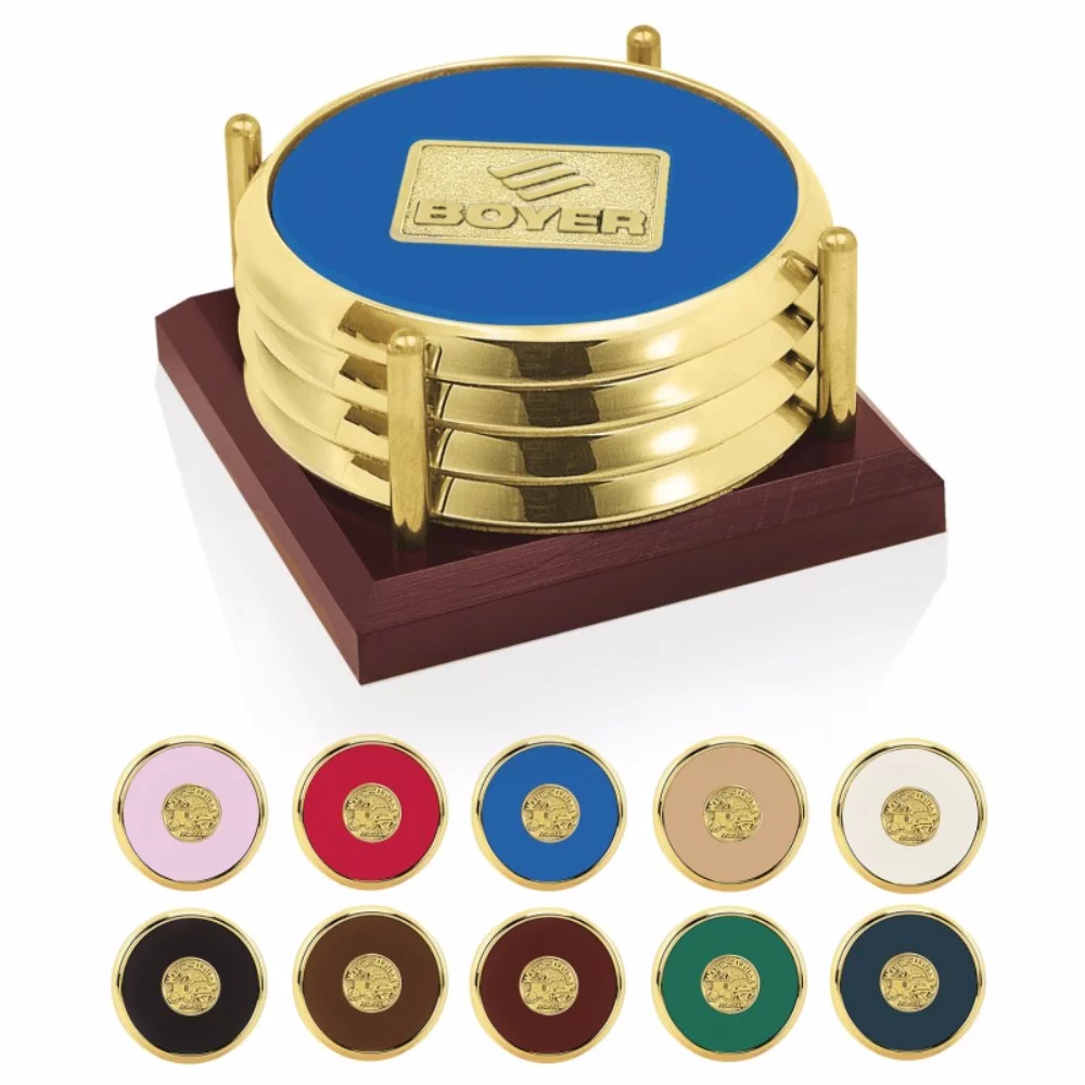 Quatre dessous de verre avec plateau en cerisier massif