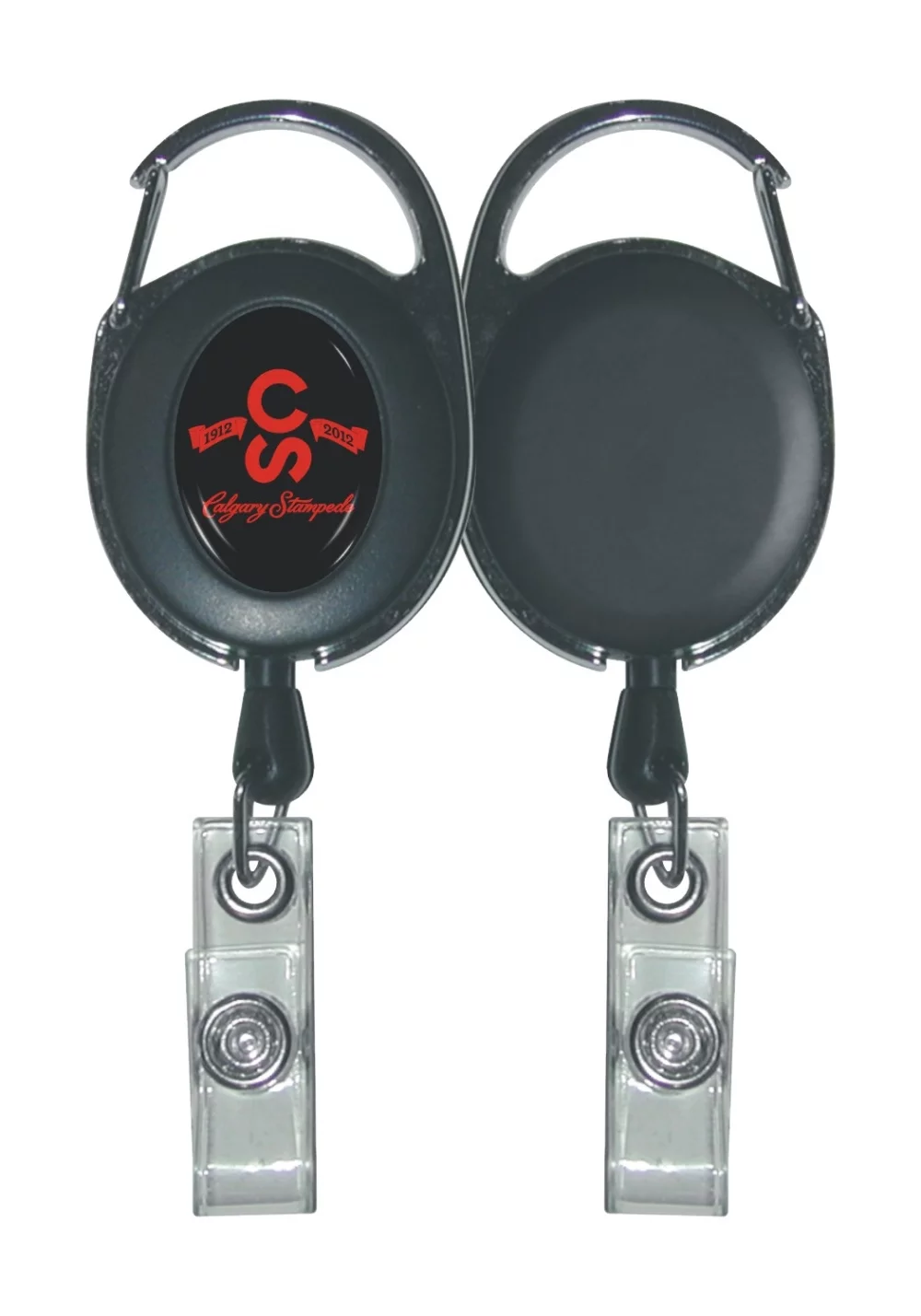 Porte-clés rétractable mousqueton - Noir - Impression en 4 couleurs et dôme en époxy