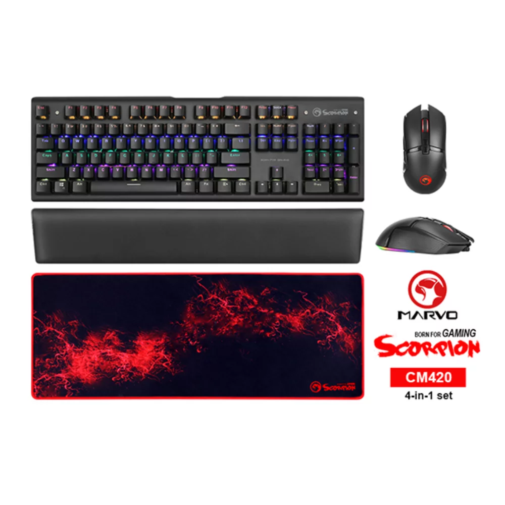 Ensemble de jeu avancé Marvo CM420 4-en-1 avec clavier filaire, souris, repose-poignets en cuir et tapis de souris