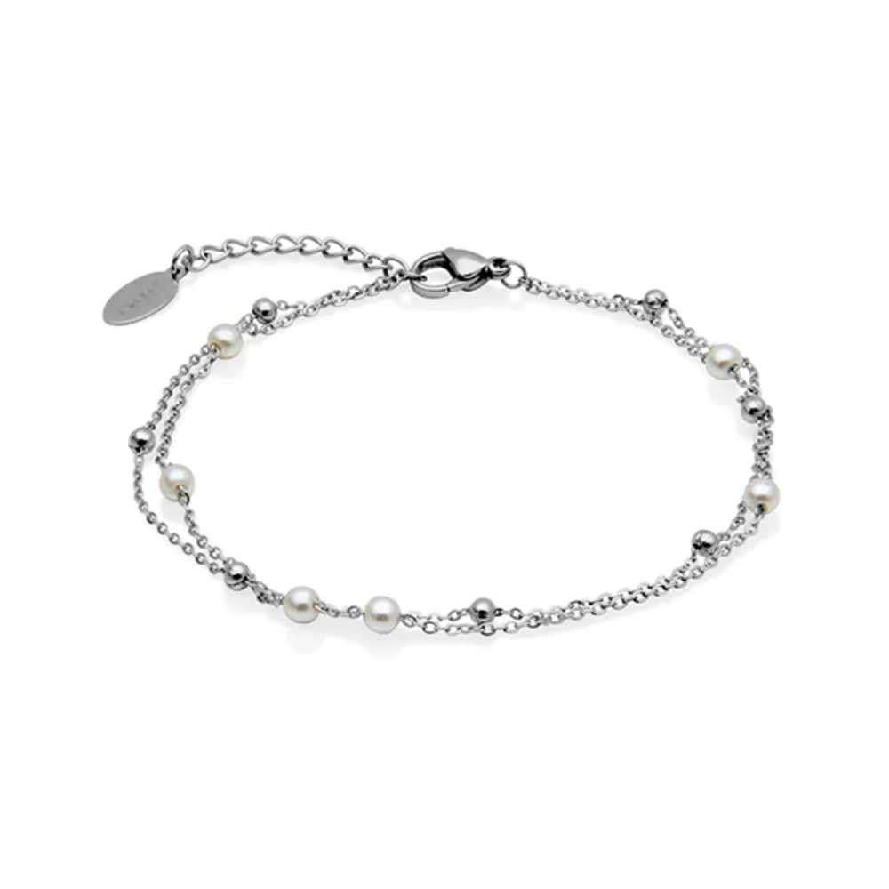 CJ Steelx 4mm Faux Pearl Double Chain Anklet - Silver