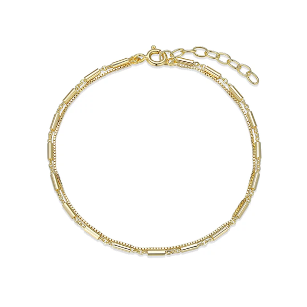 Layered Box and Tube Link Cable Chain Bracelet - Gold