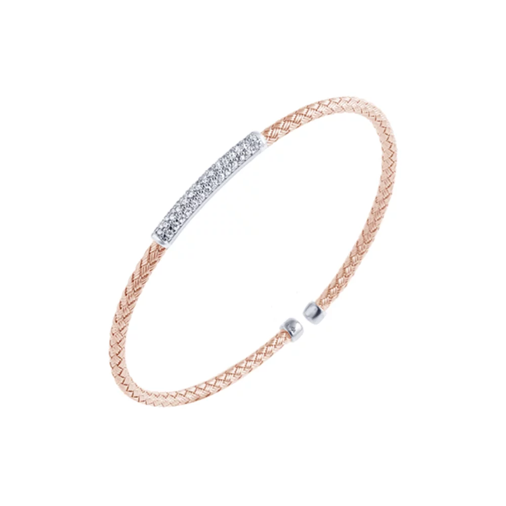 Charles Garnier Sterling Silver "NARDINI" 3mm Woven Diamondlite Bar Cuff Bracelet- Rose Gold