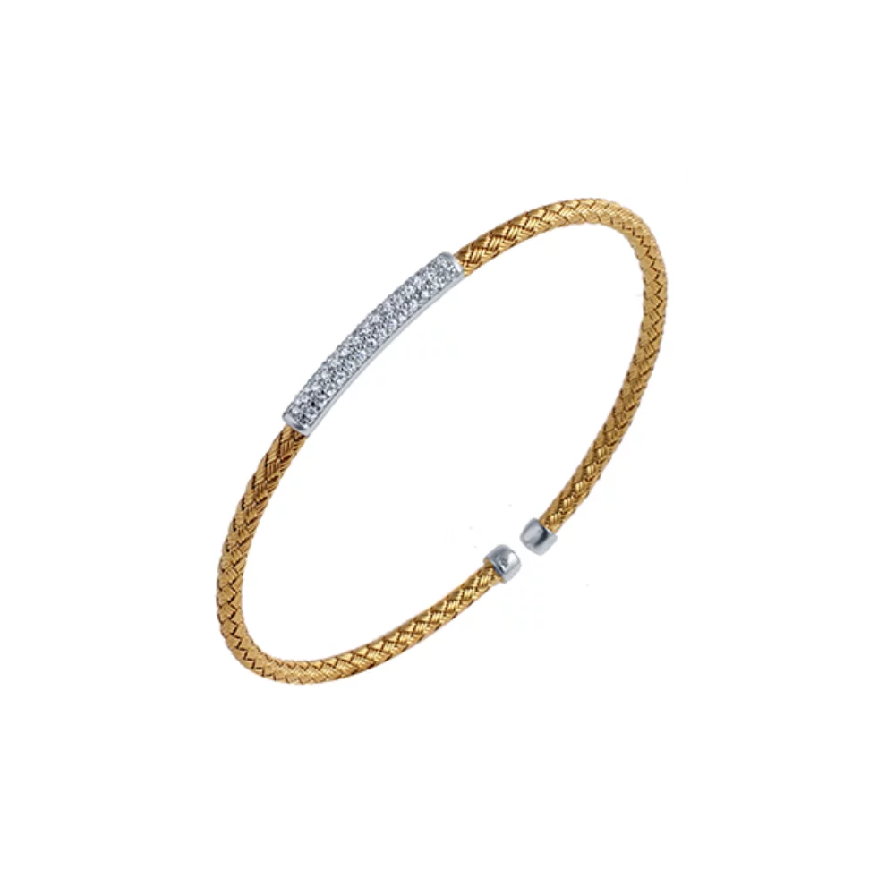 Charles Garnier Sterling Silver "NARDINI" 3mm Woven Diamondlite Bar Cuff Bracelet- Gold