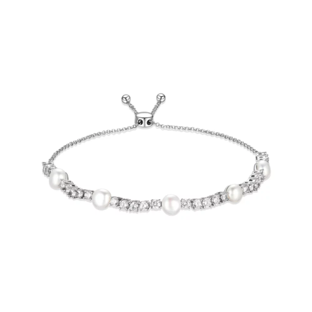 Diamondlite Cubic Zirconia Genuine Pearl Adjustable Bolo Bracelet - Silver