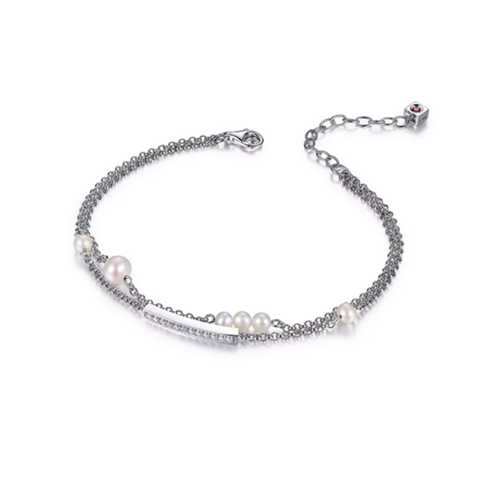 Bracelet double rangée "Majestic" en argent sterling avec perle blanche et zircone cubique - argent