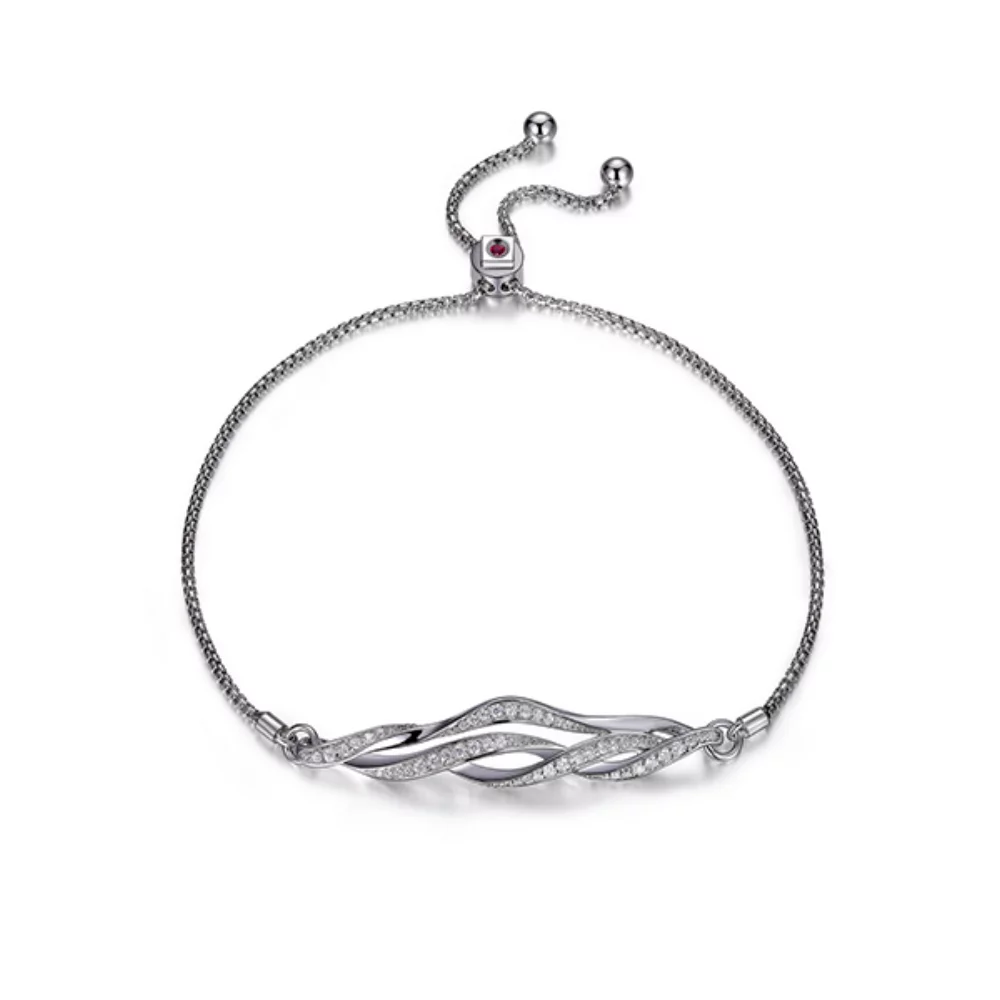 ELLE "Ocean" Sterling Silver Twisted Cubic Zirconia Bolo Bracelet - Silver