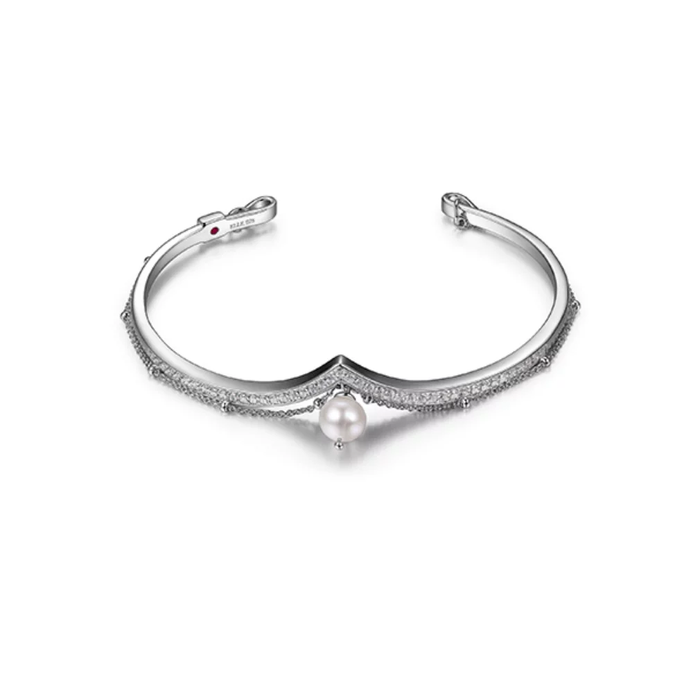 ELLE "Majestic" Sterling Silver Rhodium Plated Genuine Pearl CZ Open Cuff - Silver