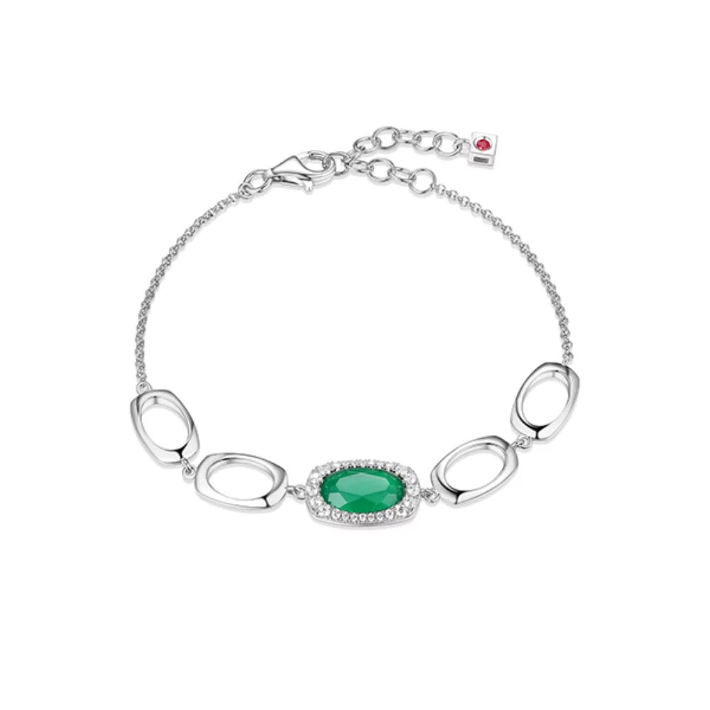 ELLE "Aureole" Genuine Chrysoprase Oval and Cubic Zirconia with Oval Link Bracelet - Silver