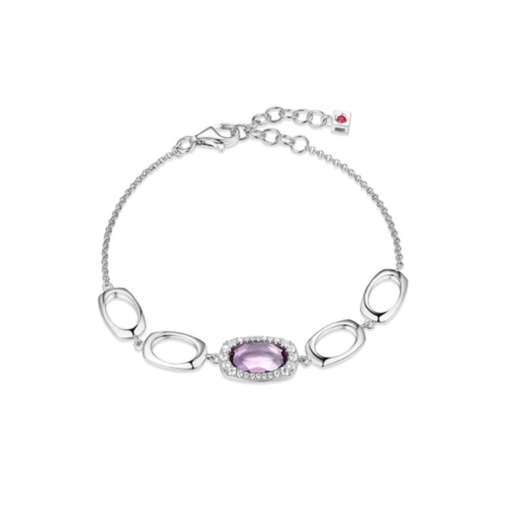 ELLE "Aureole" Genuine Amethyst Oval and Cubic Zirconia with Oval Link Bracelet - Silver