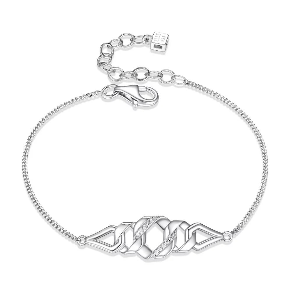 ELLE "Lattice" Sterling Silver Hexagon Link and Pave Cubic Zirconia Station Bracelet - Silver