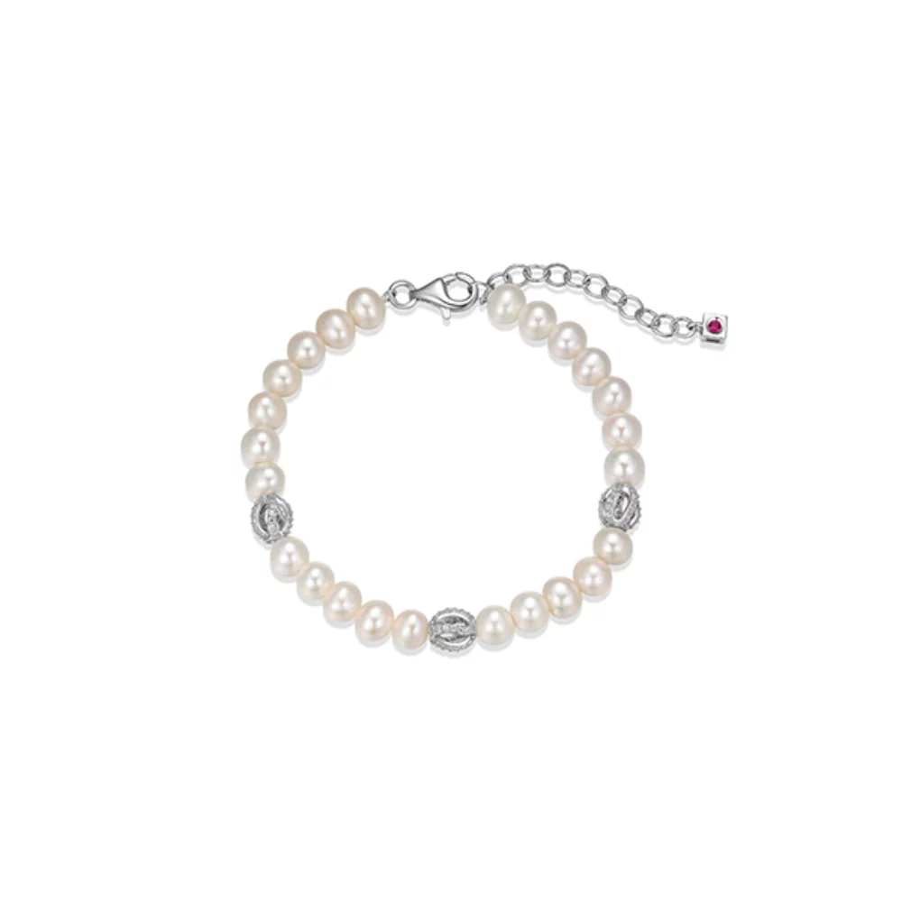 ELLE "Luna" Sterling Silver White Pearl and Cubic Zirconia Cage Bracelet - Silver