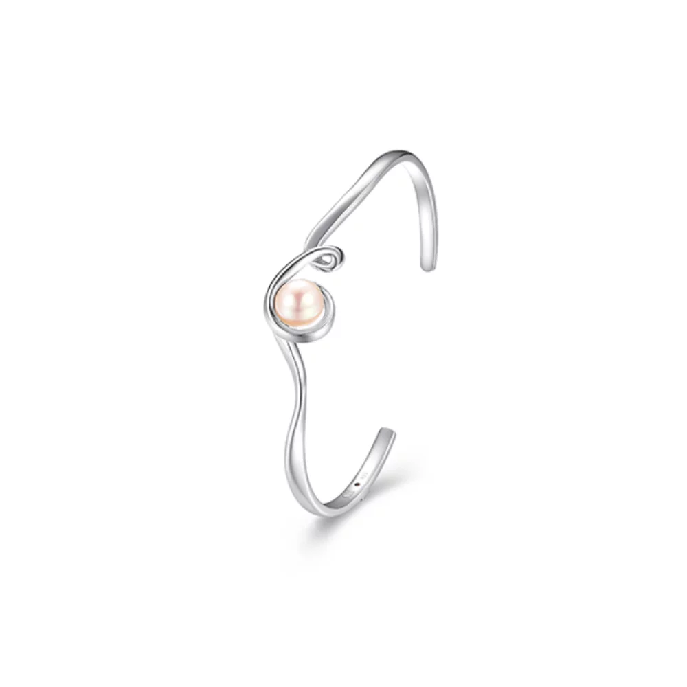 ELLE "Luna" Genuine White Pearl Cuff Bangle - Silver