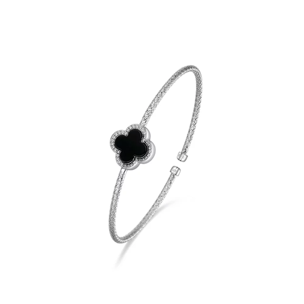 Charles Garnier Sterling Silver "Bliss" Black Agate with Cubic Zirconia Cuff Clover Bangle - Silver