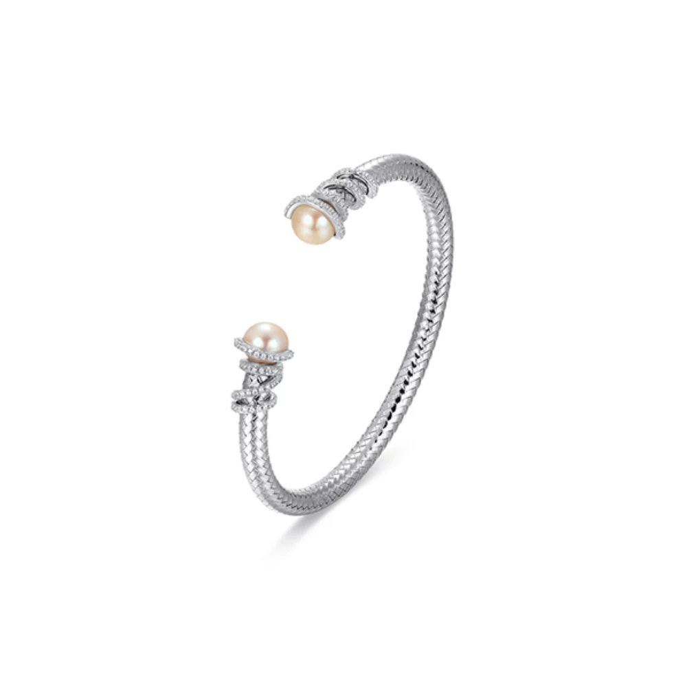 Charles Garnier Sterling Silver "New Mesh" Genuine White Pearl & CZ Cuff Bangle - Silver