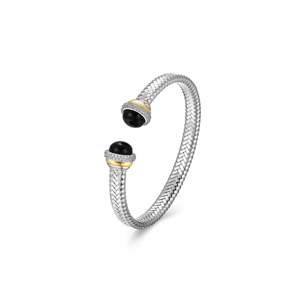 Charles Garnier Sterling Silver "New Mesh" Agate & CZ Woven Tube Cuff Bangle - Silver and Gold
