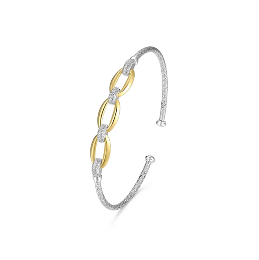 Charles Garnier Sterling Silver "Gleam" Oval -Link with CZ Mesh Cuff Bangle - Silver and Gold