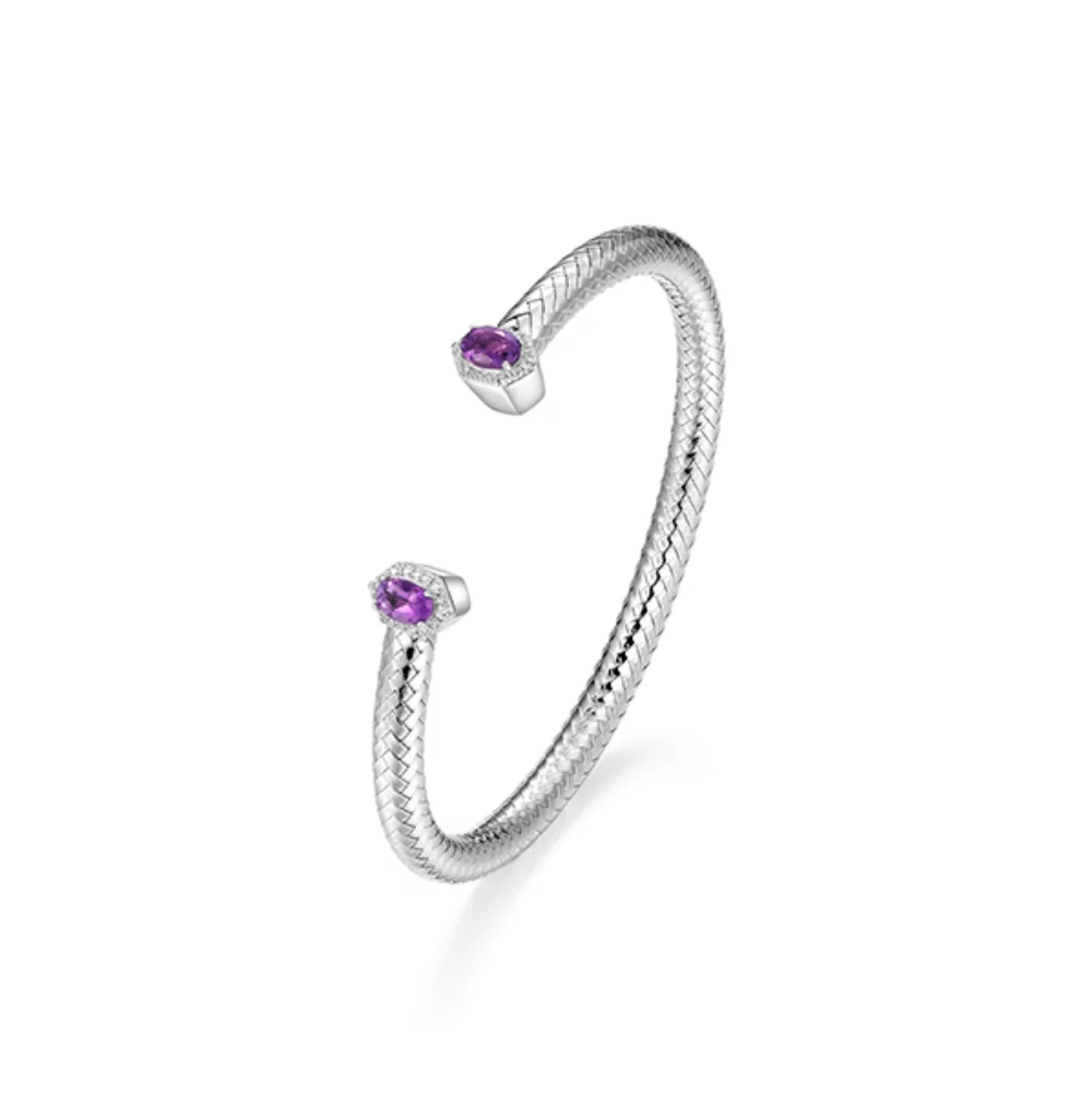 Charles Garnier Sterling Silver "Prism" Genuine Amethyst & CZ Mesh Cuff Bangle - Silver