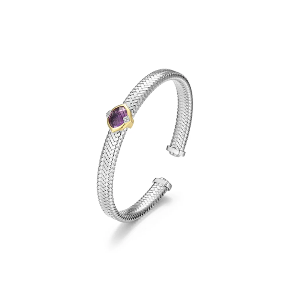 Charles Garnier Sterling Silver "Prism" Genuine Amethyst & CZ Mesh Cuff Bangle - Silver and Gold