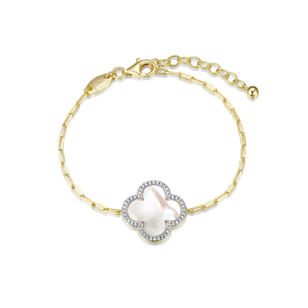 Charles Garnier Sterling Silver "Bliss" Mother of Pearl with Diamondlite CZ Clover Bracelet - Gold
