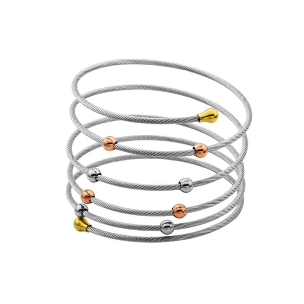 CJ Steelx Spiral Cable Bracelet with 3-Tone Beads - Silver