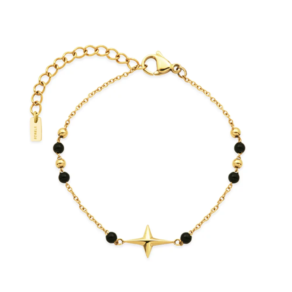 CJ Steelx Star Bracelet with Black and Gold Beads - Gold