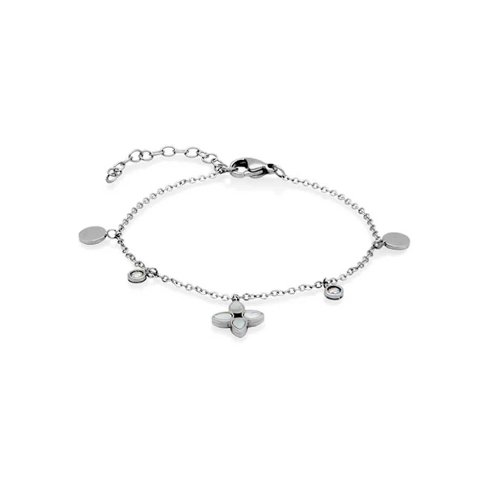 CJ Steelx Mother of Pearl clover & CZ Charm Bracelet - Silver