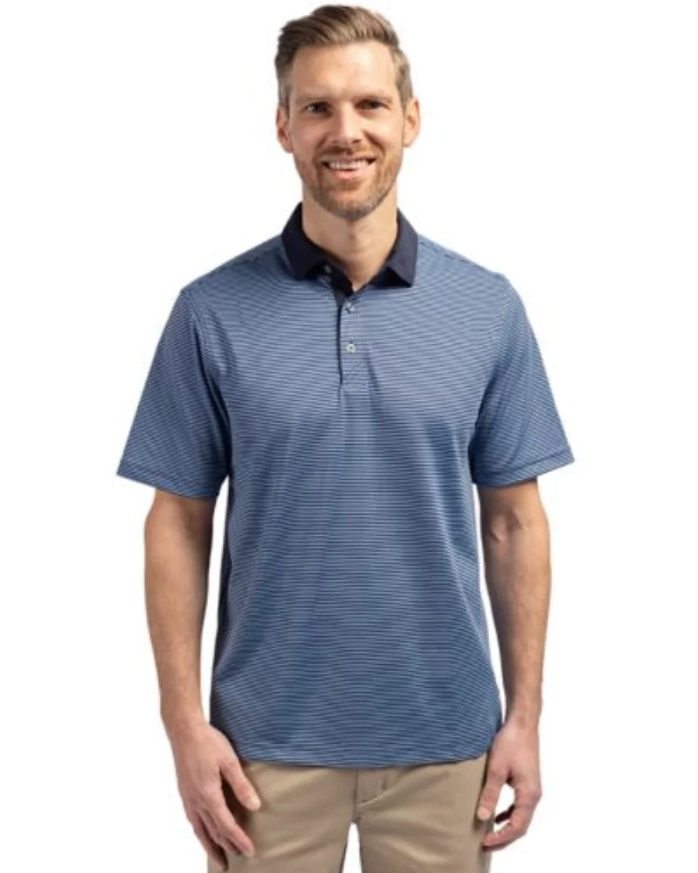 Polo Cutter & Buck Virtue Eco Pique à rayures micro recyclé pour hommes grands et grands.