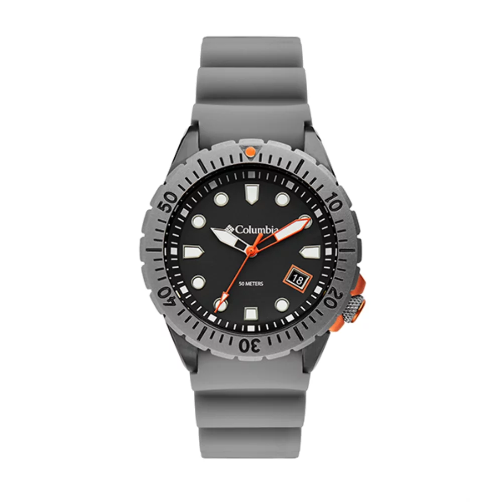 Montre en silicone grise Pacific Outlander Gray à trois aiguilles avec date.