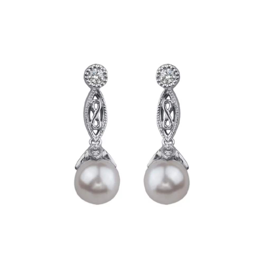 6mm Pearl and Diamond Drop Earrings in 14K White Gold (0.095 CT. T.W.)