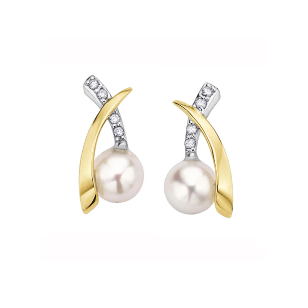 Boucles d'oreilles clou en perle de 5mm avec accents de diamants en or blanc et jaune 10 carats (0,04 CT. T.W.)