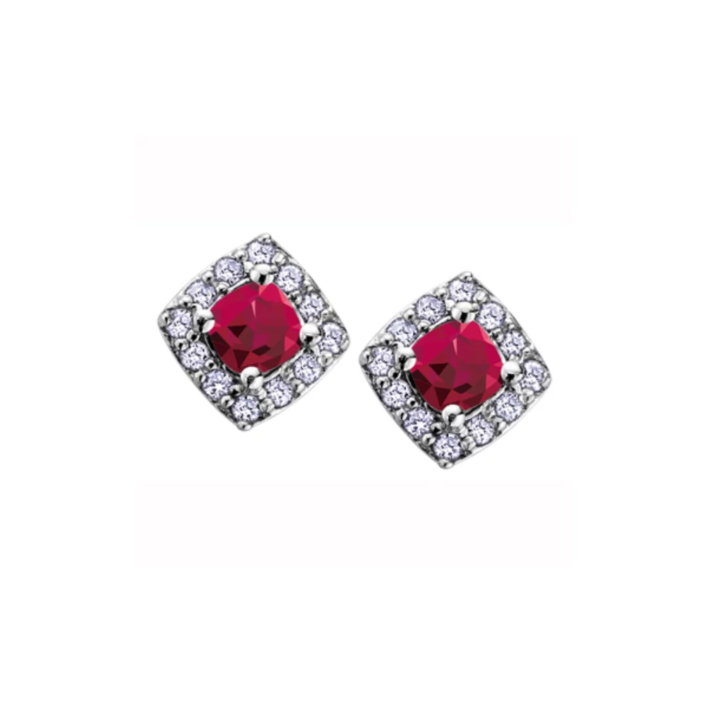 3mm Cushion Cut Ruby and Diamond Frame Stud Earrings in 10K White Gold (0.12 CT. T.W.)