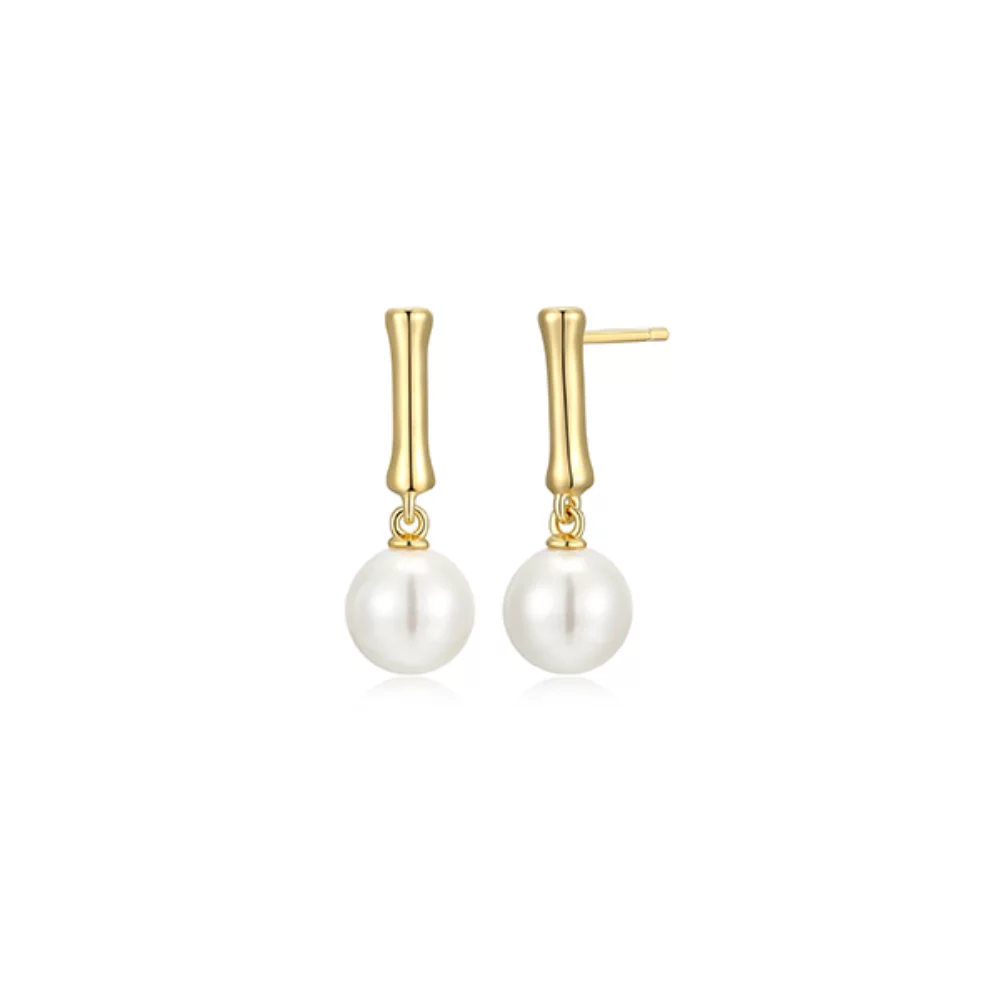 Lucky Bamboo 8mm Shell Pearl Earrings - Gold