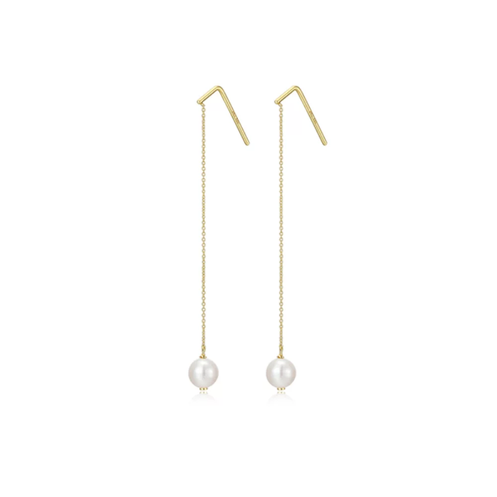 Boucles d'oreilles à longue chaîne de perles authentiques de 6 mm - Or