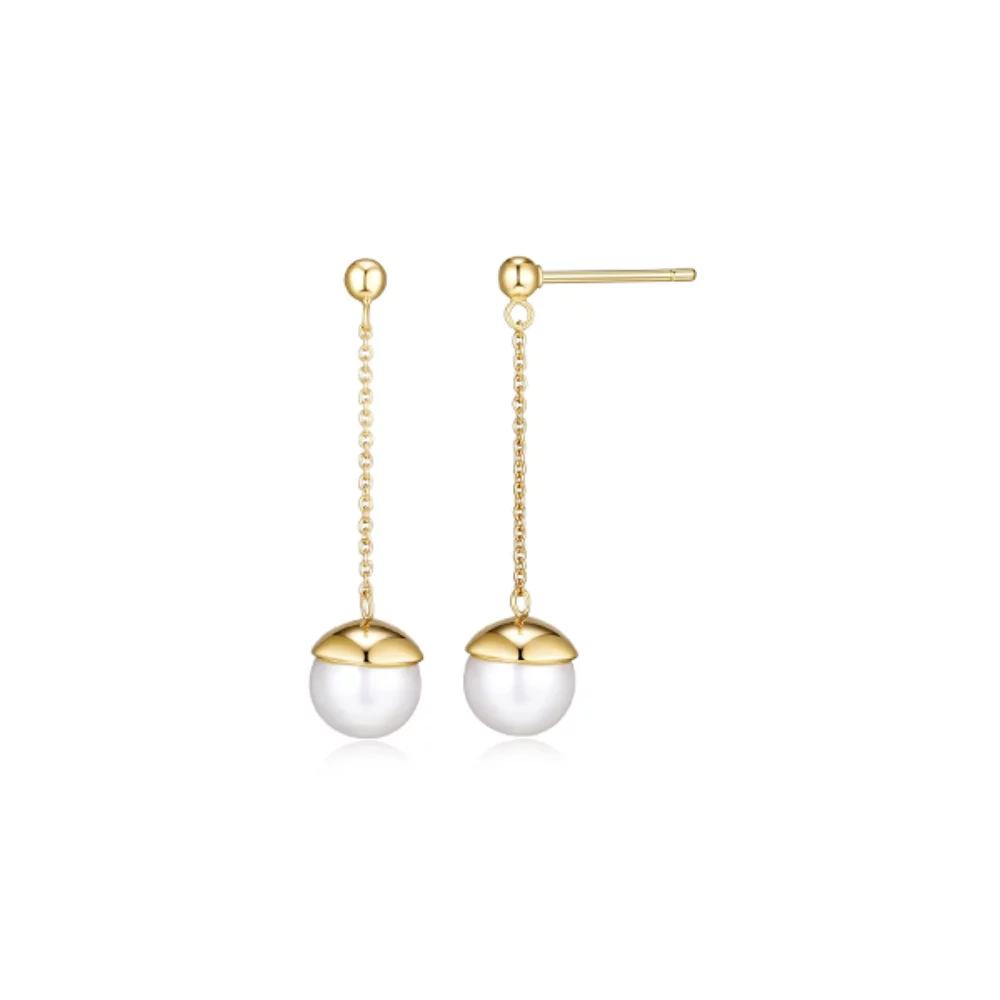 Boucles d'oreilles pendantes en chaîne de perles rondes de 8 mm en argent sterling - Or