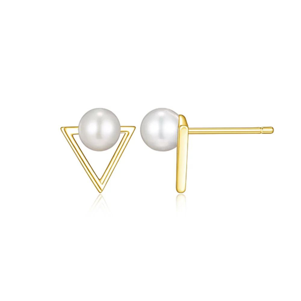 5mm Genuine Pearl Triangle Stud Earrings in Sterling Silver - Gold