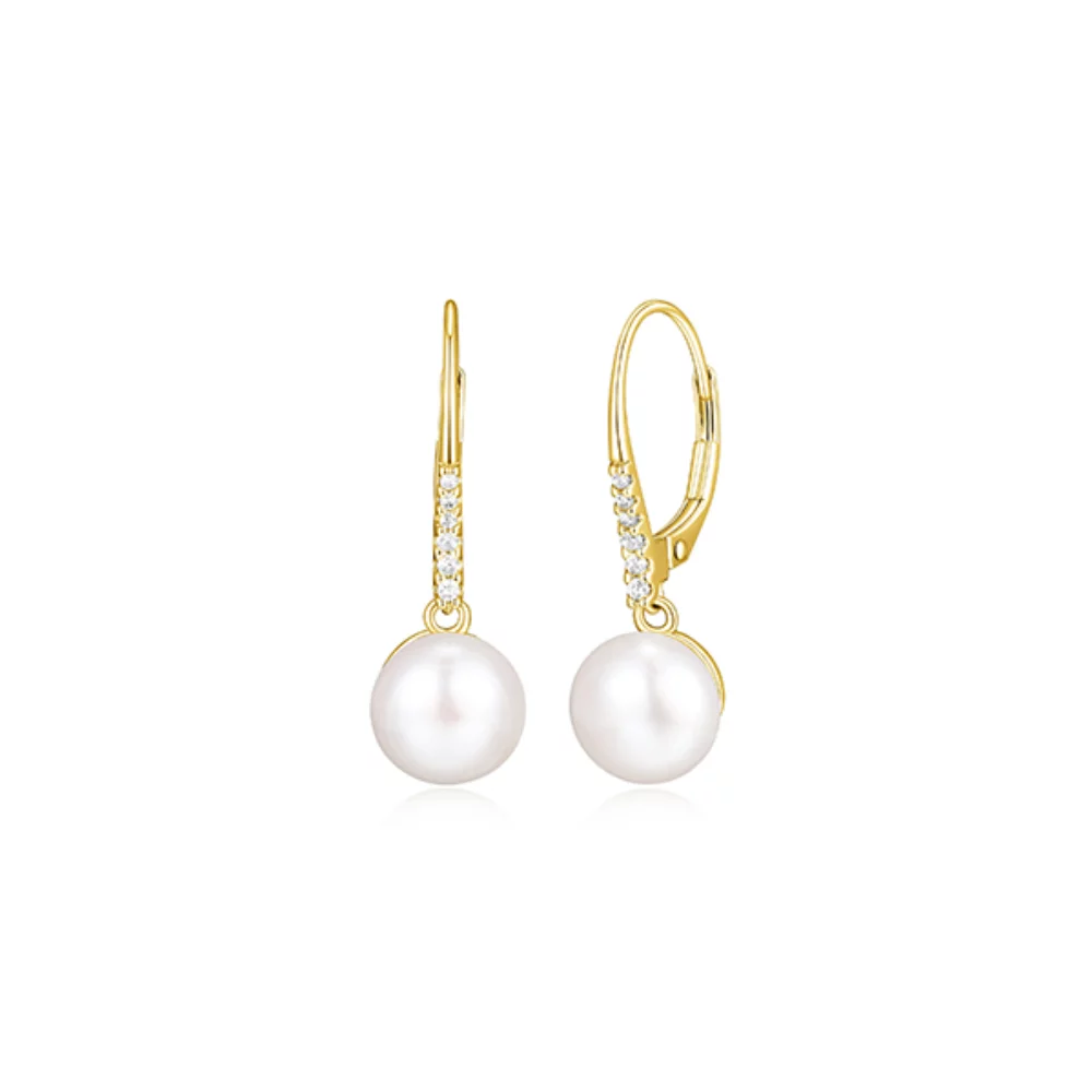 Diamondlite Cubic Zirconia 8.5mm Round Pearl Drop Leverback Earrings in Sterling Silver - Gold
