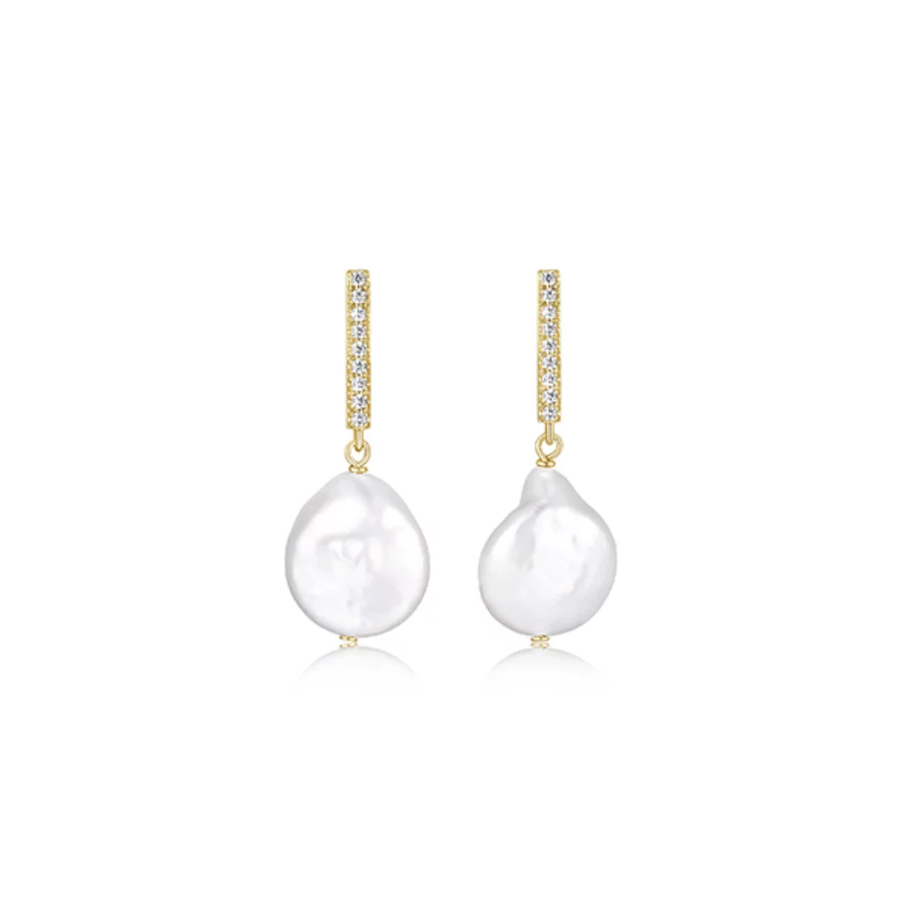 Diamondlite Cubic Zirconia Genuine 12mm Baroque Pearl Earrings in Sterling Silver - Gold