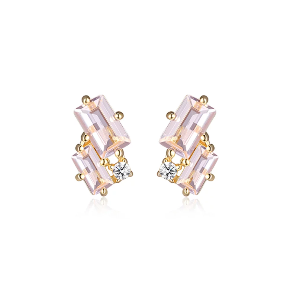 Diamondlite Cubic Zirconia and Simulated Morganite Double Baguette Stud Earrings - Gold