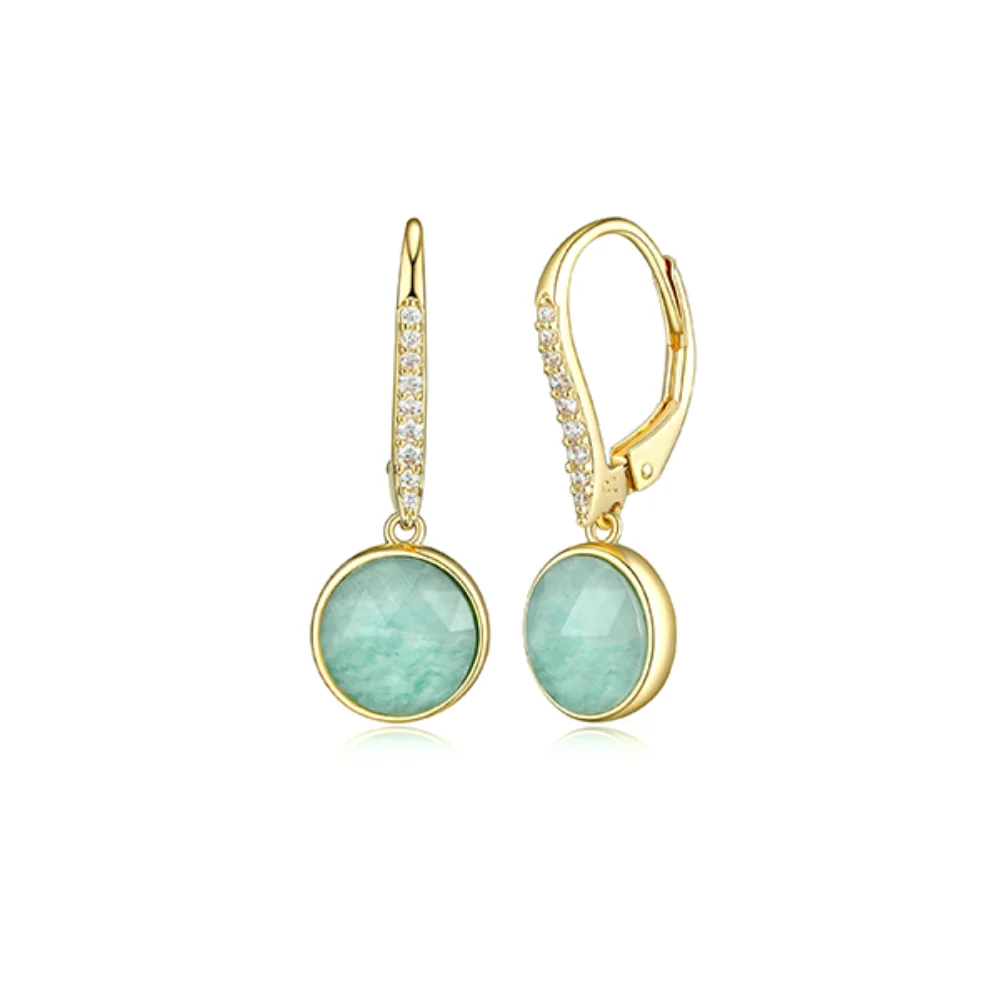 Boucles d'oreilles Fleur de Vie Collection Diamondlite CZ, Cristal et Amazonite du Pérou de 8 mm - Or