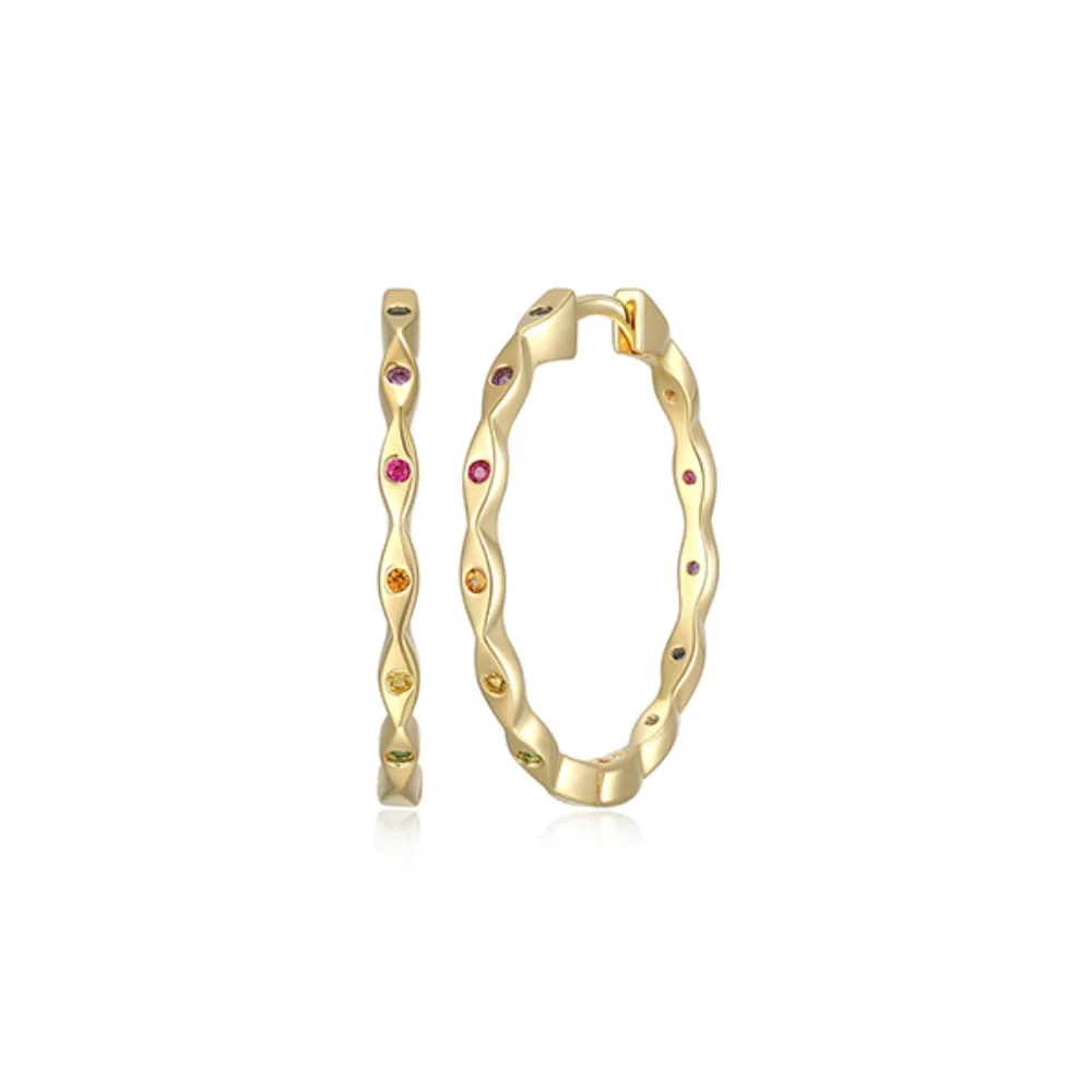 Diamondlite "Mystique" Multi-coloured Created Gems Scalloped Hoop Earrings - Gold