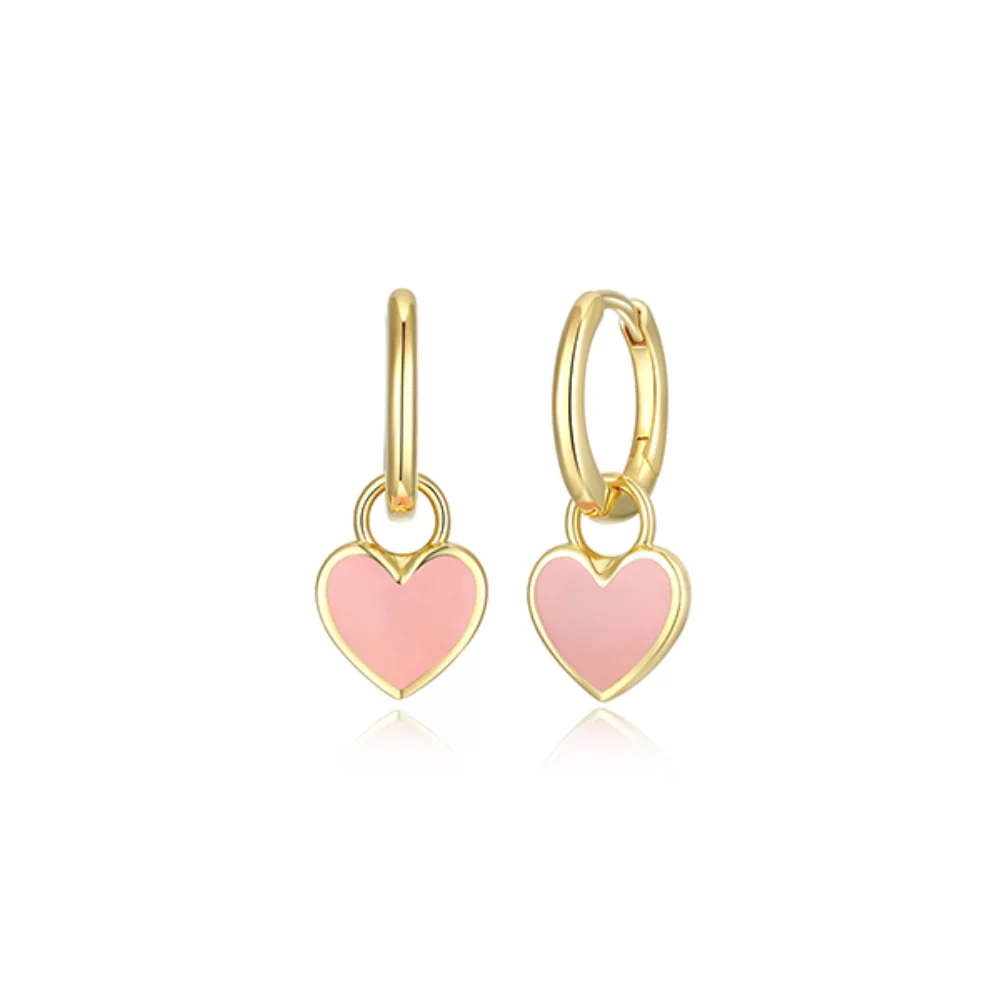 3-in-1 Reversible and Removable Pink Enamel Heart Charm Huggie Earrings - Gold