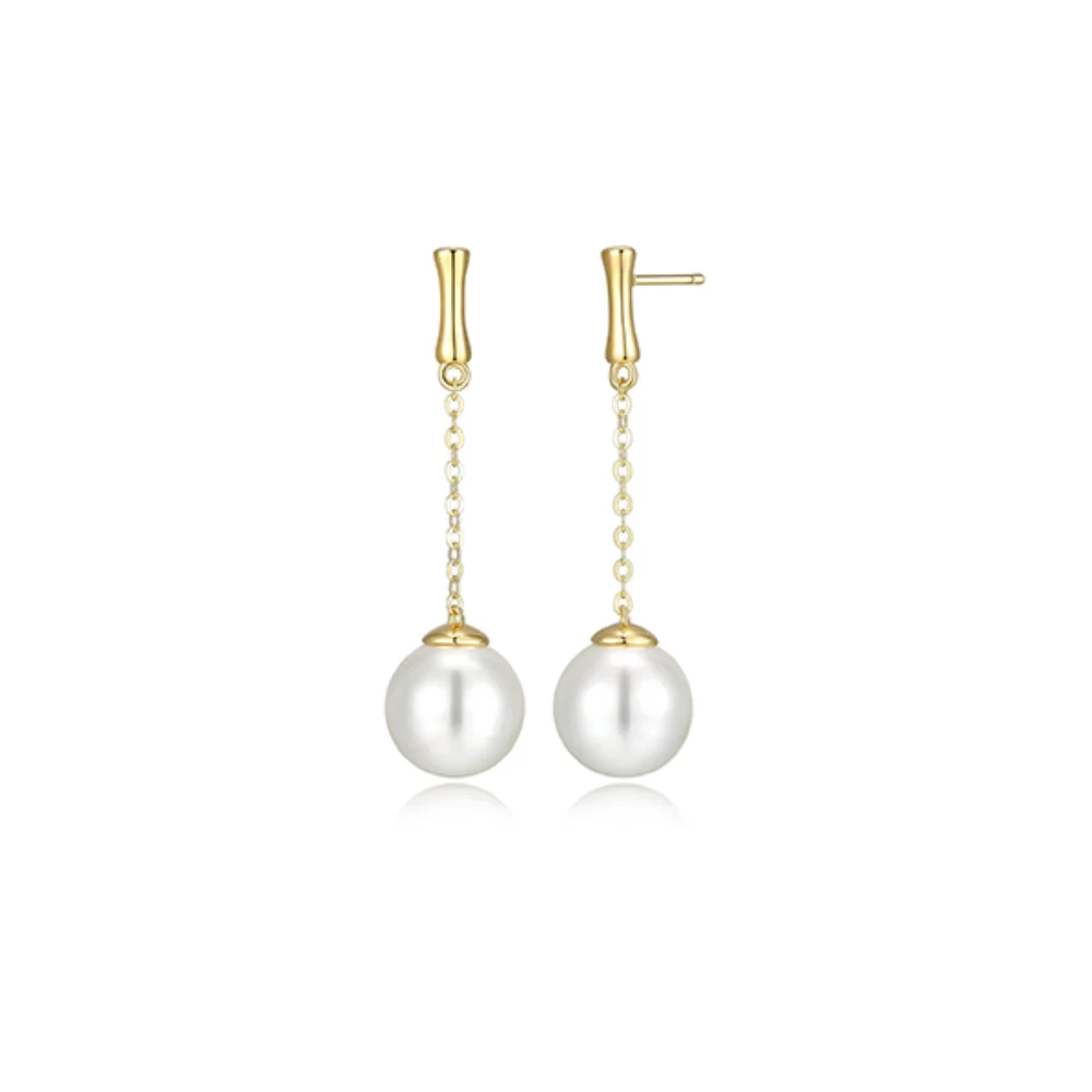 Lucky Bamboo 12mm Shell Pearl Chain Drop Earrings - Gold