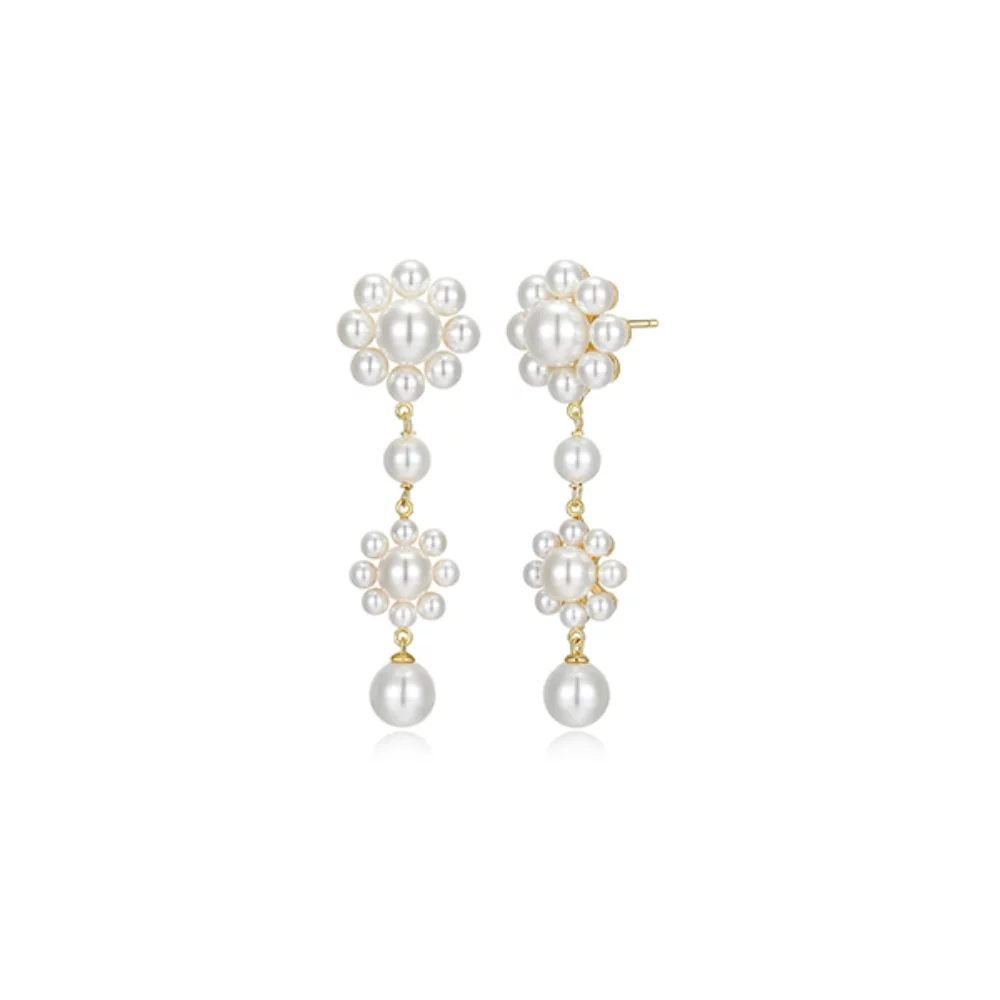 Boucles d'oreilles pendantes en coquillage et perles de nacre en forme de fleur - Or