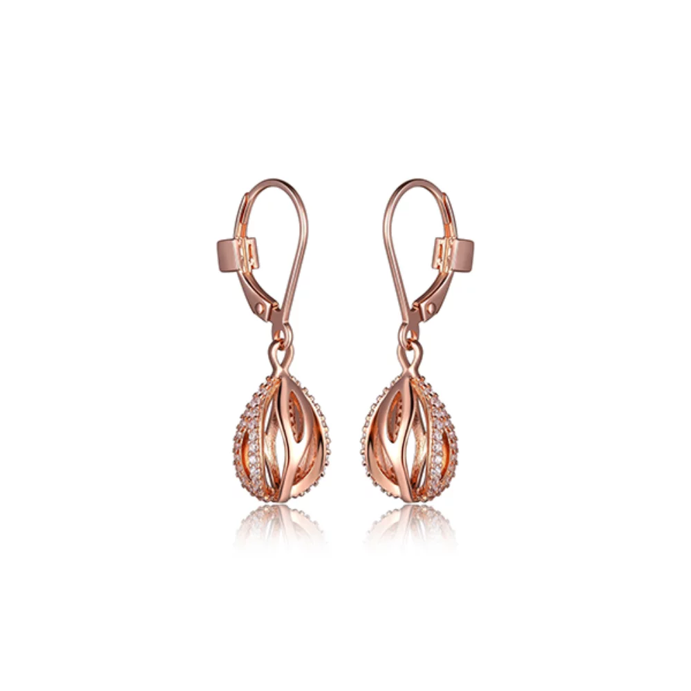 ELLE "Moon Shadow" Sterling Silver Cubic Zirconia Cage Teardrop Leverback Earrings - Rose Gold