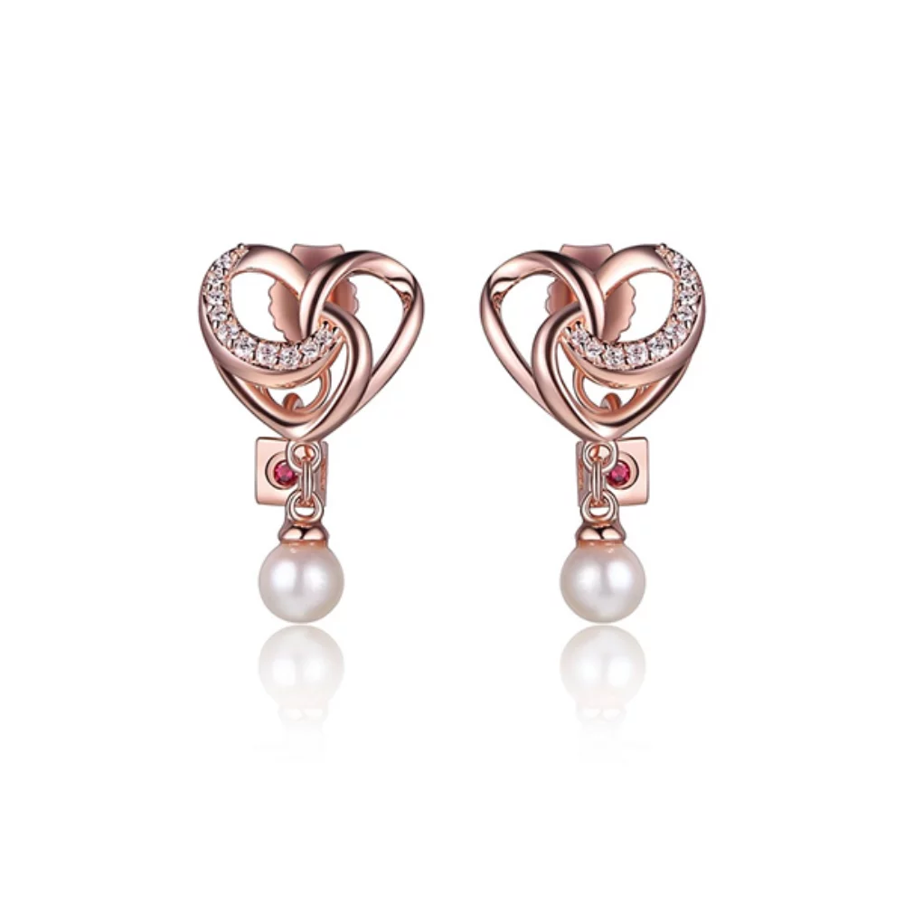 BOUCLES D'OREILLES À TIGE EN ARGENT STERLING "AMOUR" AVEC ZIRCONES CUBIQUES ET PERLES VÉRITABLES - OR ROSE